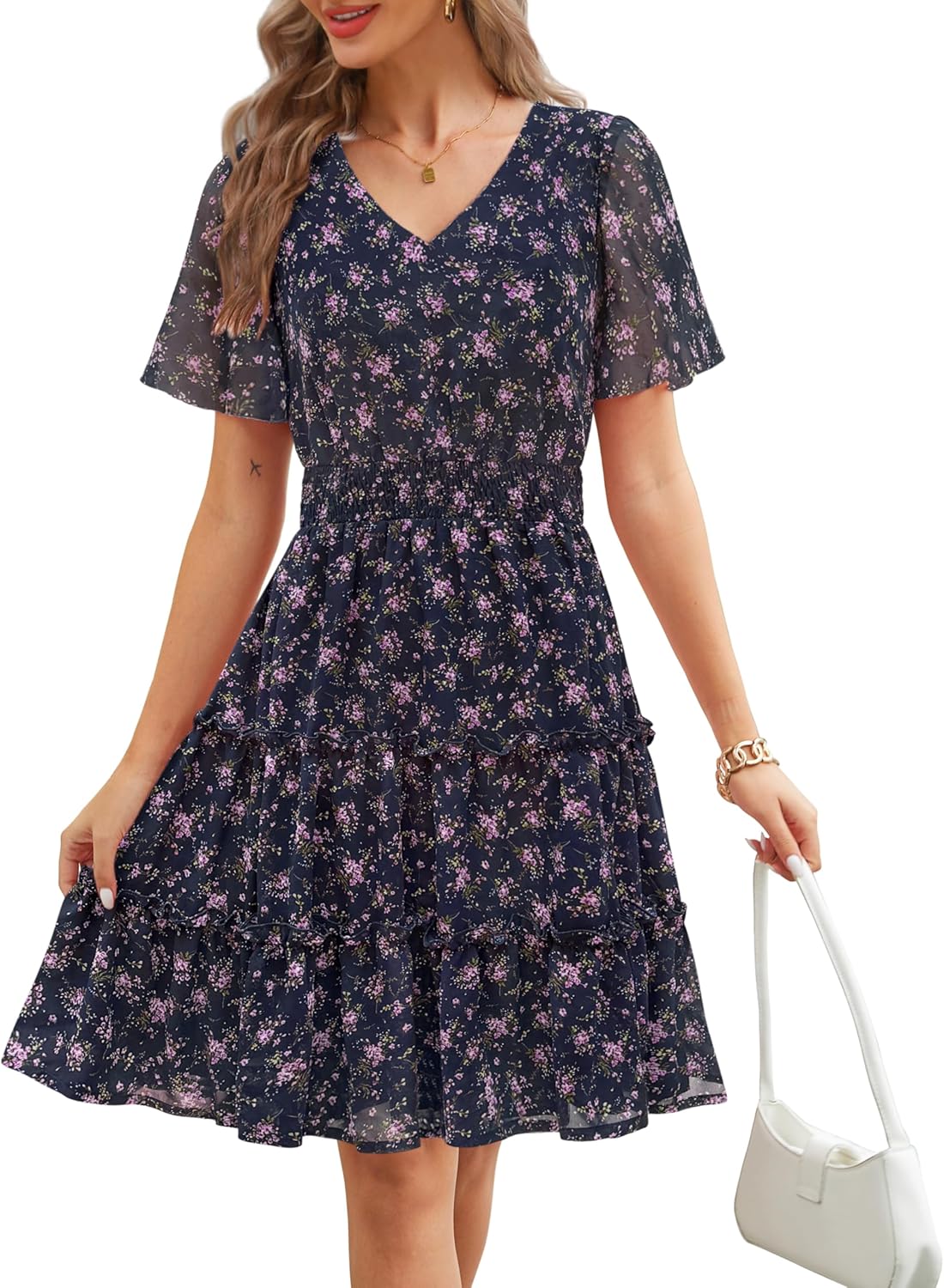 Zattcas Women 2025 Spring Summer Dress V Neck Smocked Waist