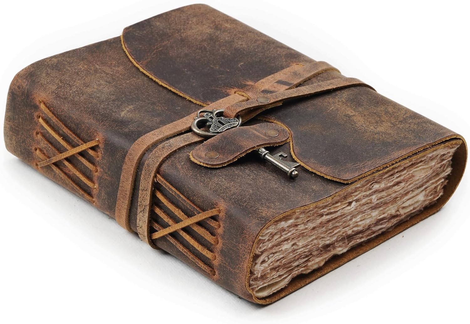 Handmade Vintage Leather Journal - Deckle Edge Paper - Vintage Key Closure