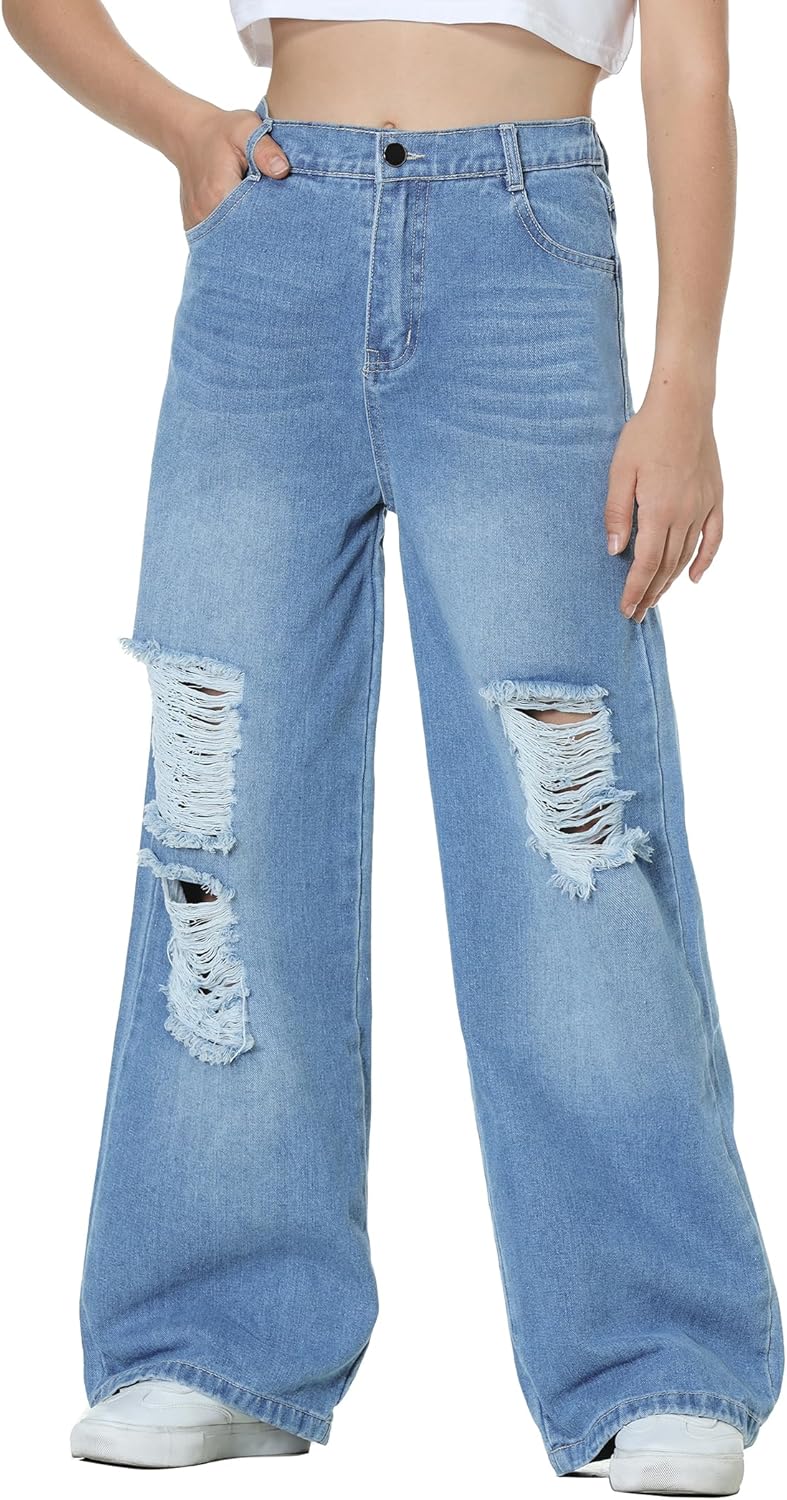 EXARUS Girls Ripped Wide Leg Jeans for Trendy Tween Style