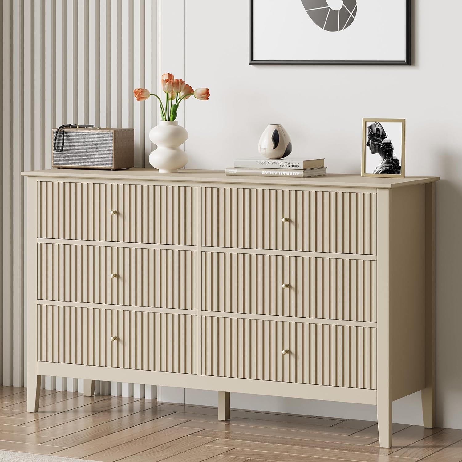 Modern Beige 6 Drawer Dresser for Bedroom and Living Room