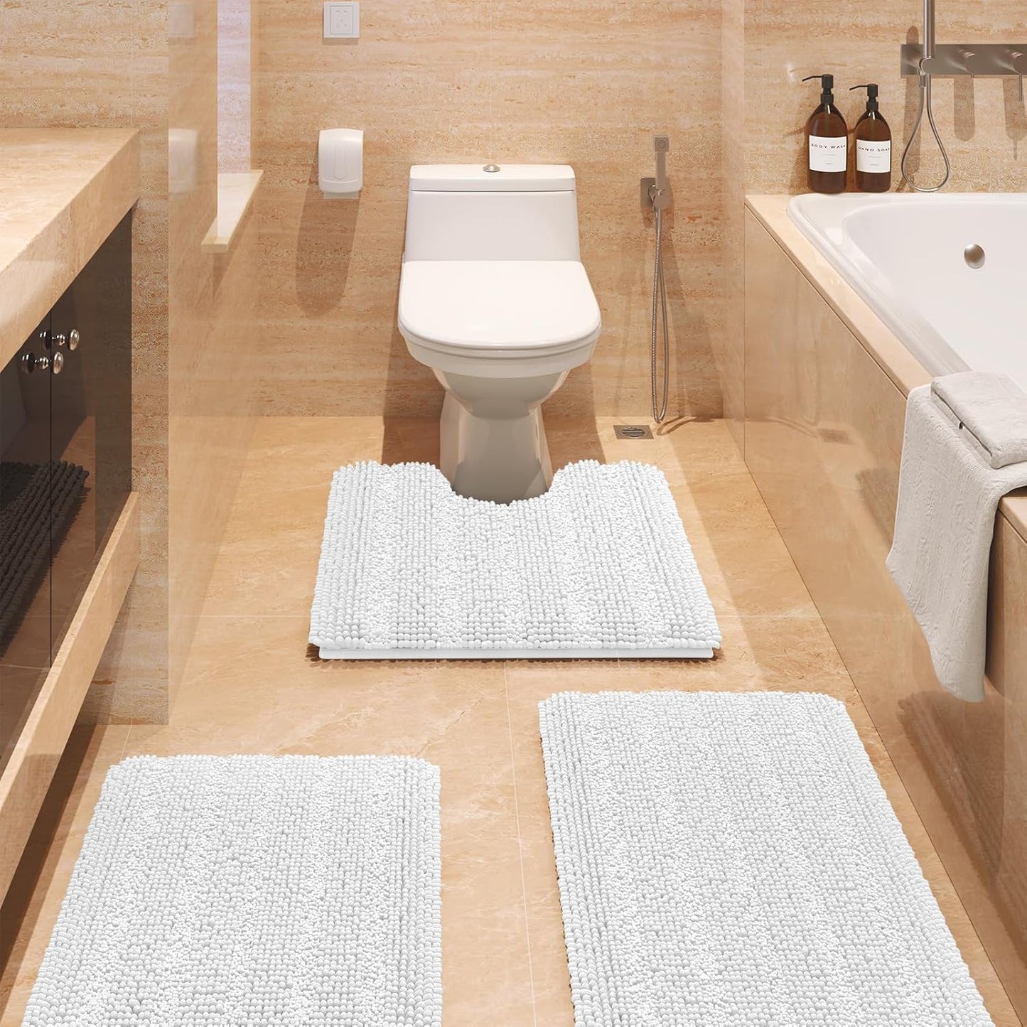 Ultra Soft Striped White Bathroom Rug Set 3 Pieces for Luxury