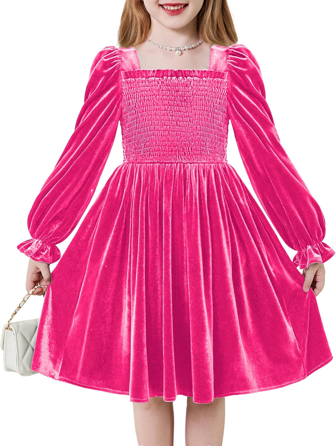Toddler Velvet Dress for Girls with Smocked Square Neck Design