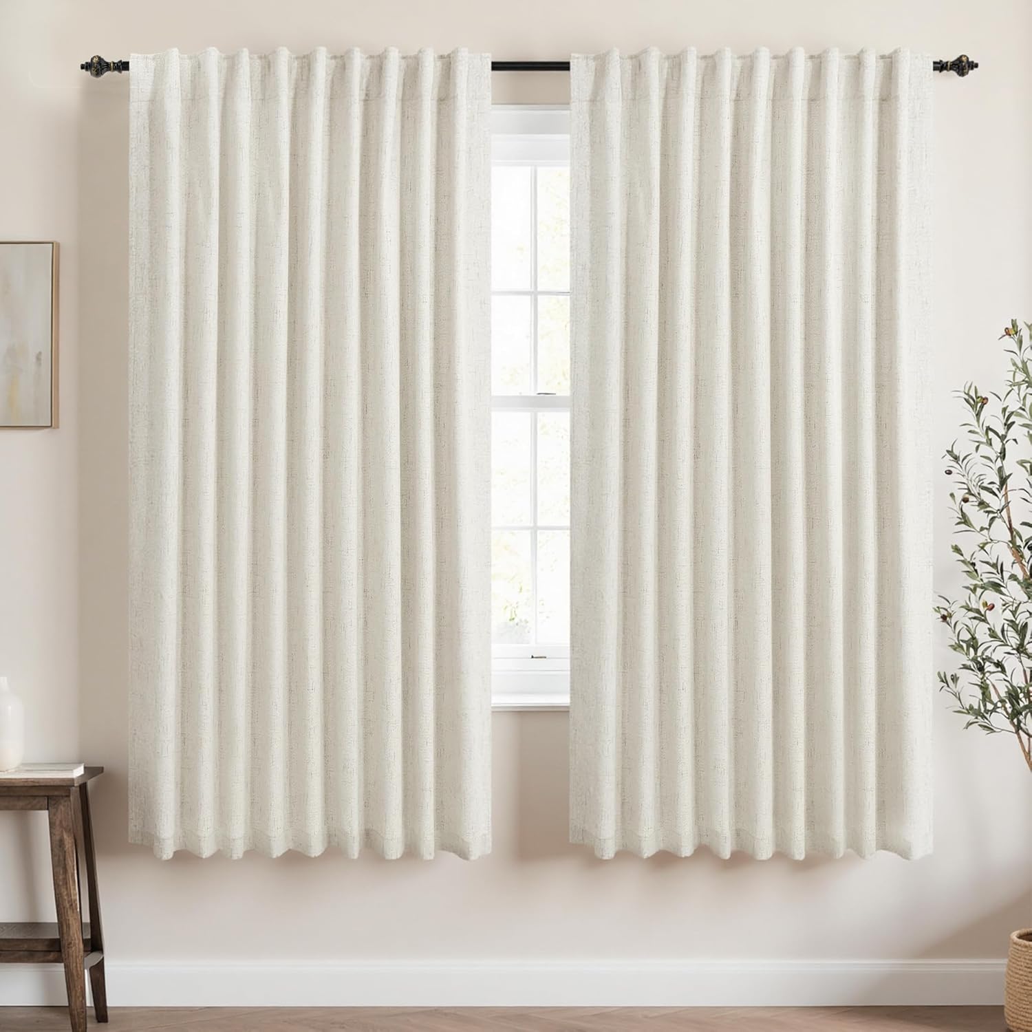 KOUFALL 63 Inch Black Out Linen Curtains for Bedroom and Living Room