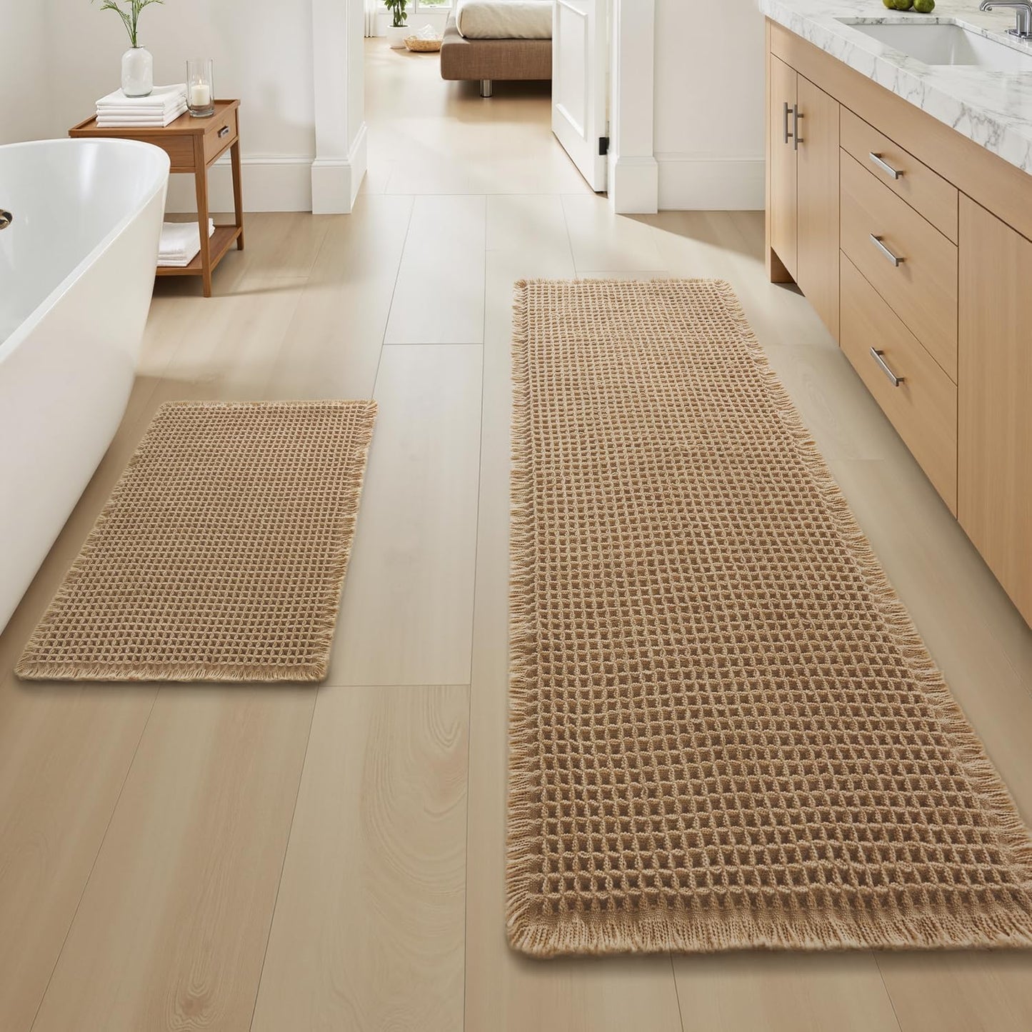 Upgraded Waffle Bath Mat Set of 2 for Soft Bathroom Comfort