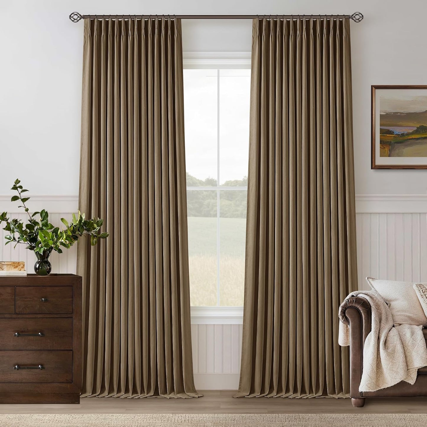 Dutch Cocoa Pleated Linen Blackout Curtains for Bedroom Living Room