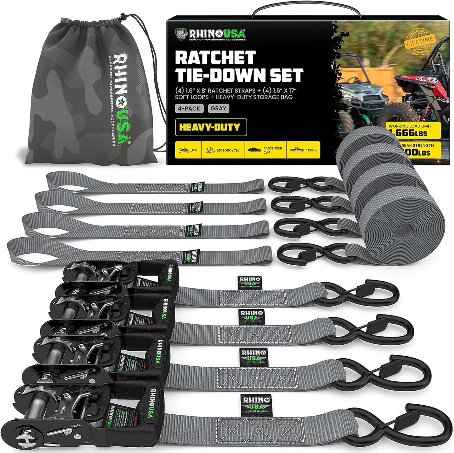 Rhino USA Ratchet Straps Heavy Duty Kit for Secure Cargo