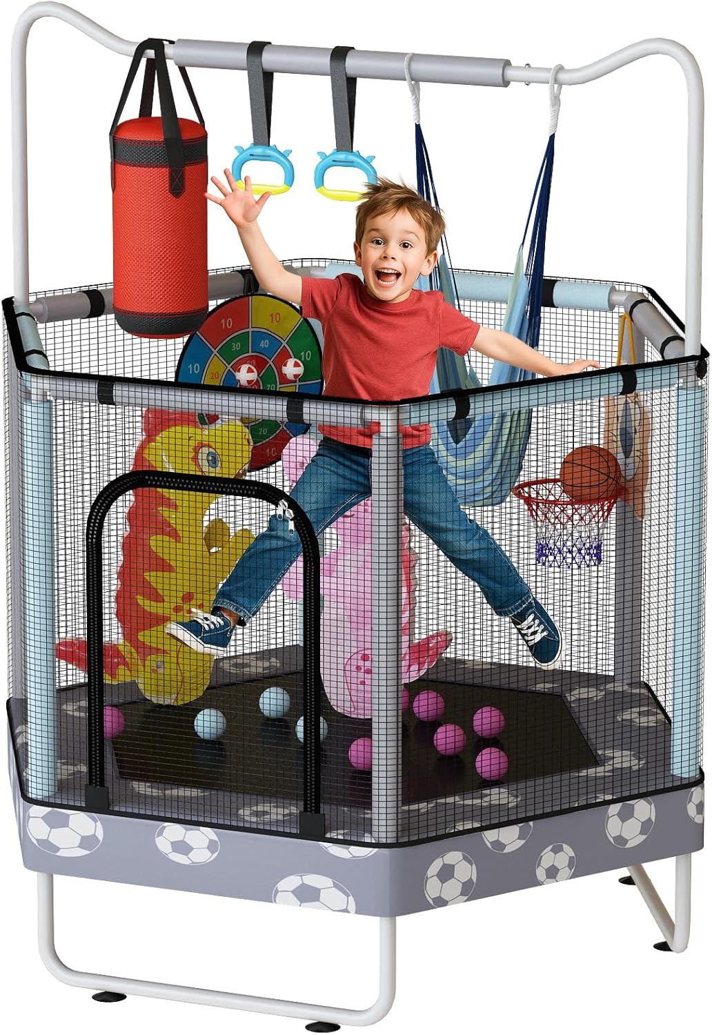 LAMERGE 55in 7-in-1 Round Trampoline for Kids Ages 1-8