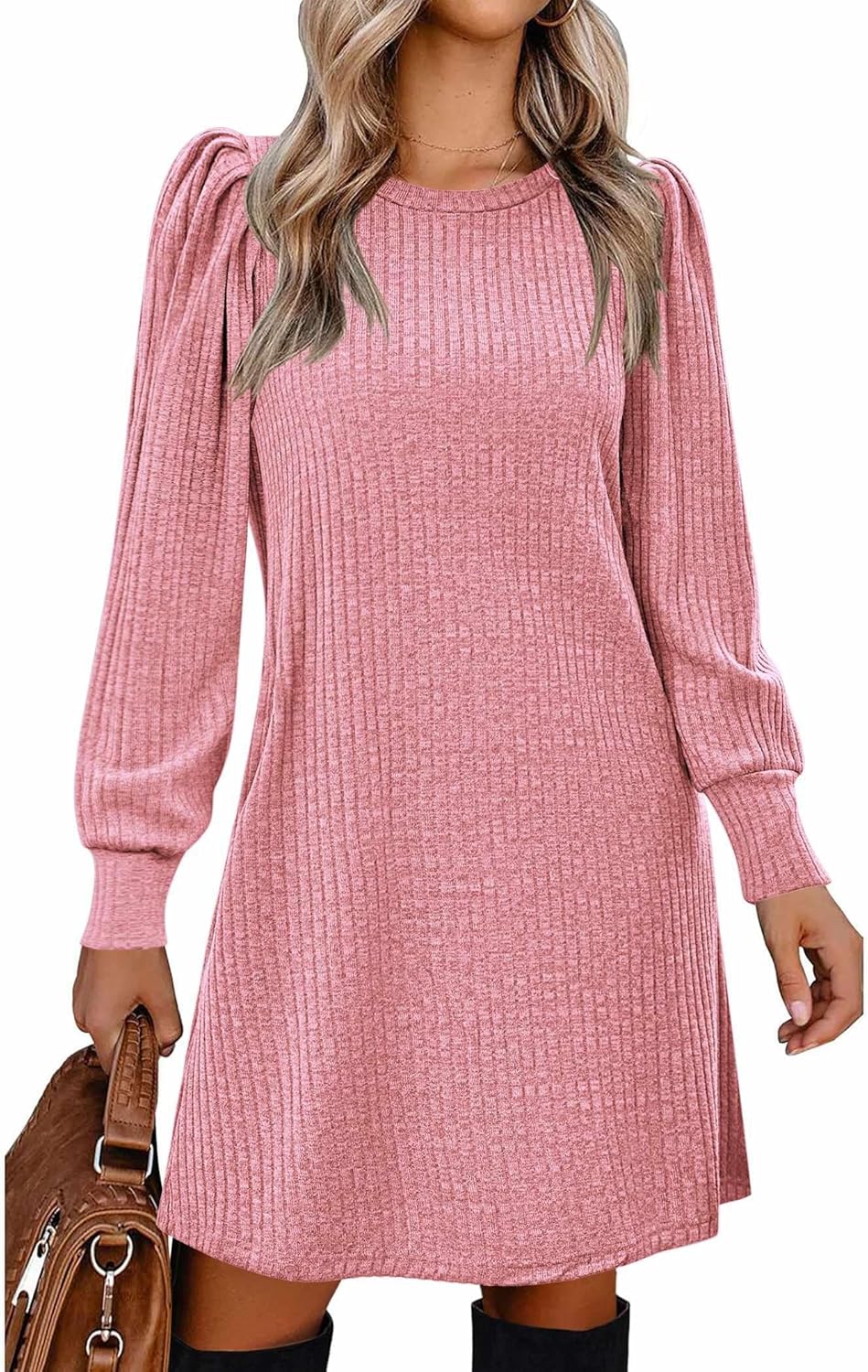 Stylish Women's Knit Dress with Puff Sleeves for Fall Fashion