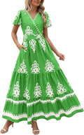 Womens Boho V Neck Maxi Dress with Pockets - Flowy Tiered Style