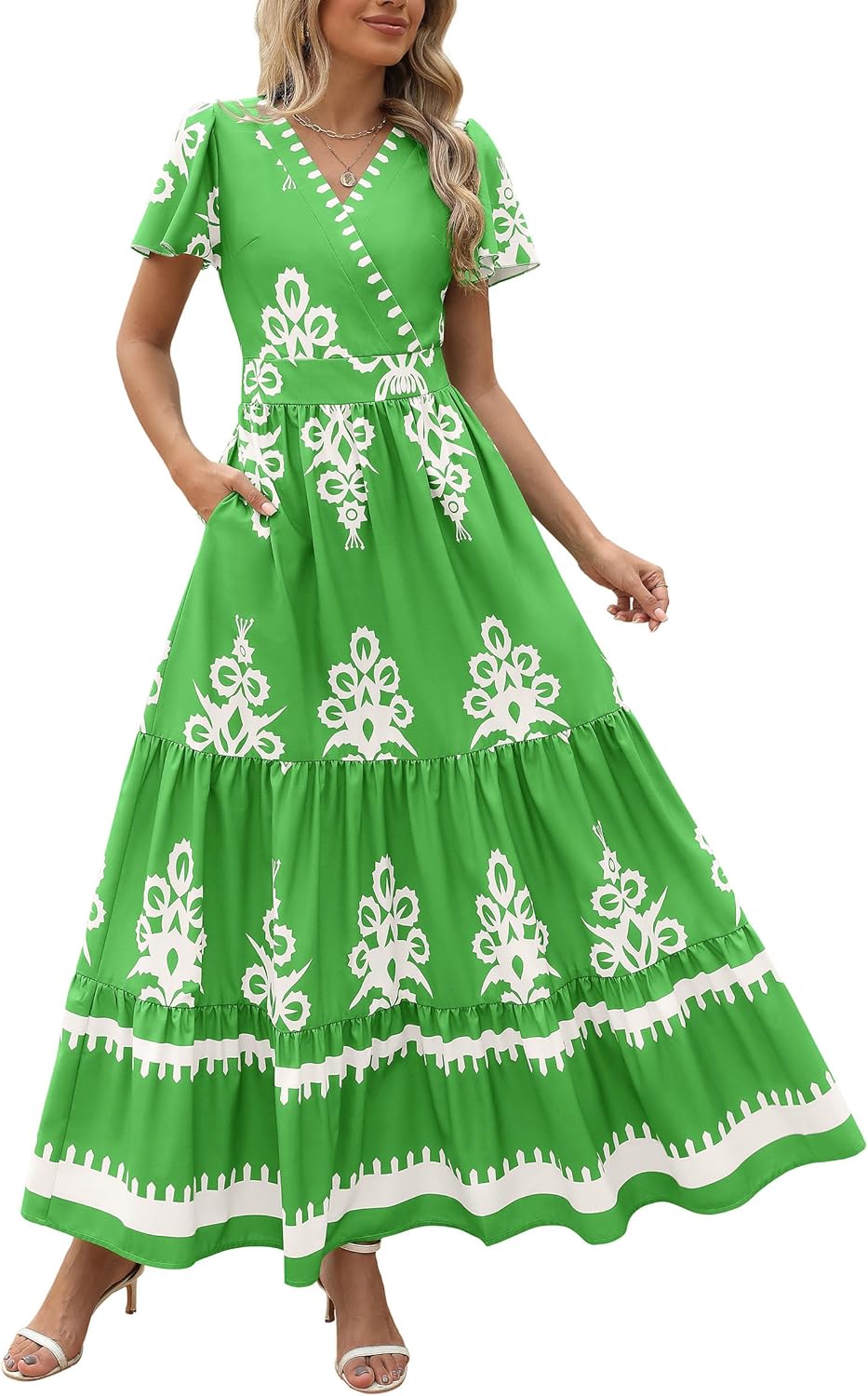 PRETTYGARDEN Womens Summer Casual V Neck Boho Maxi Dress