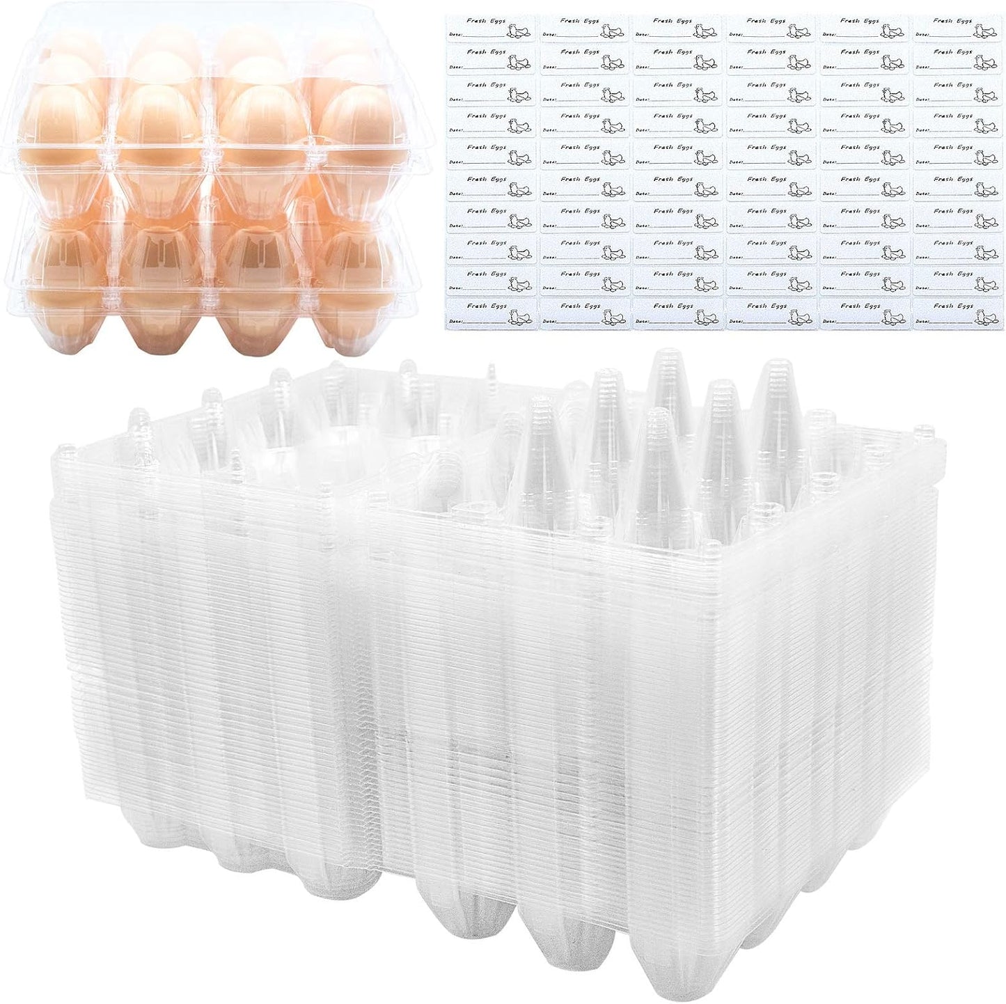 Clear Plastic Egg Cartons for 12 Eggs - 60 Pack with Labels