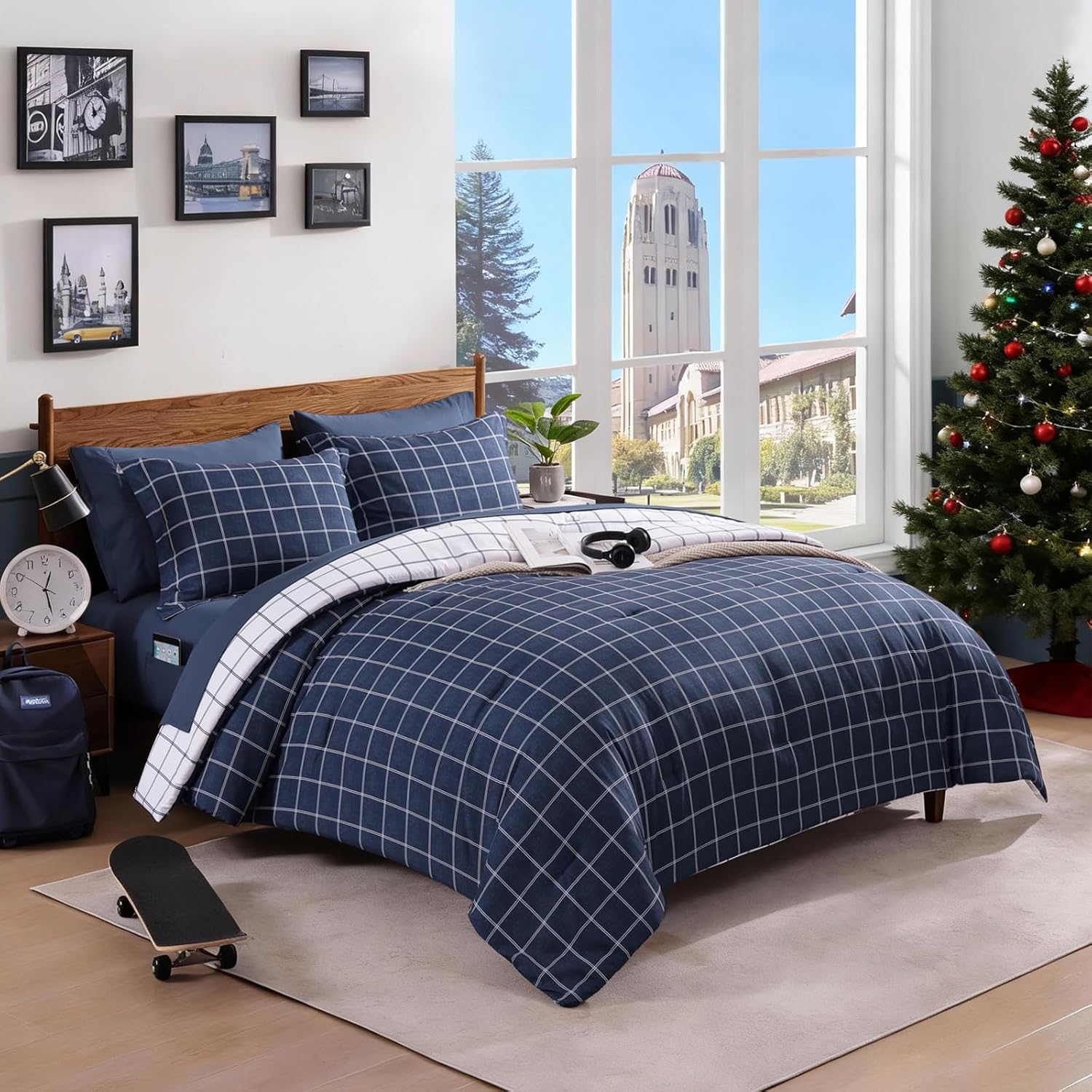 Plaid Full Size Comforter Set for Boys and Girls - 7 Pieces