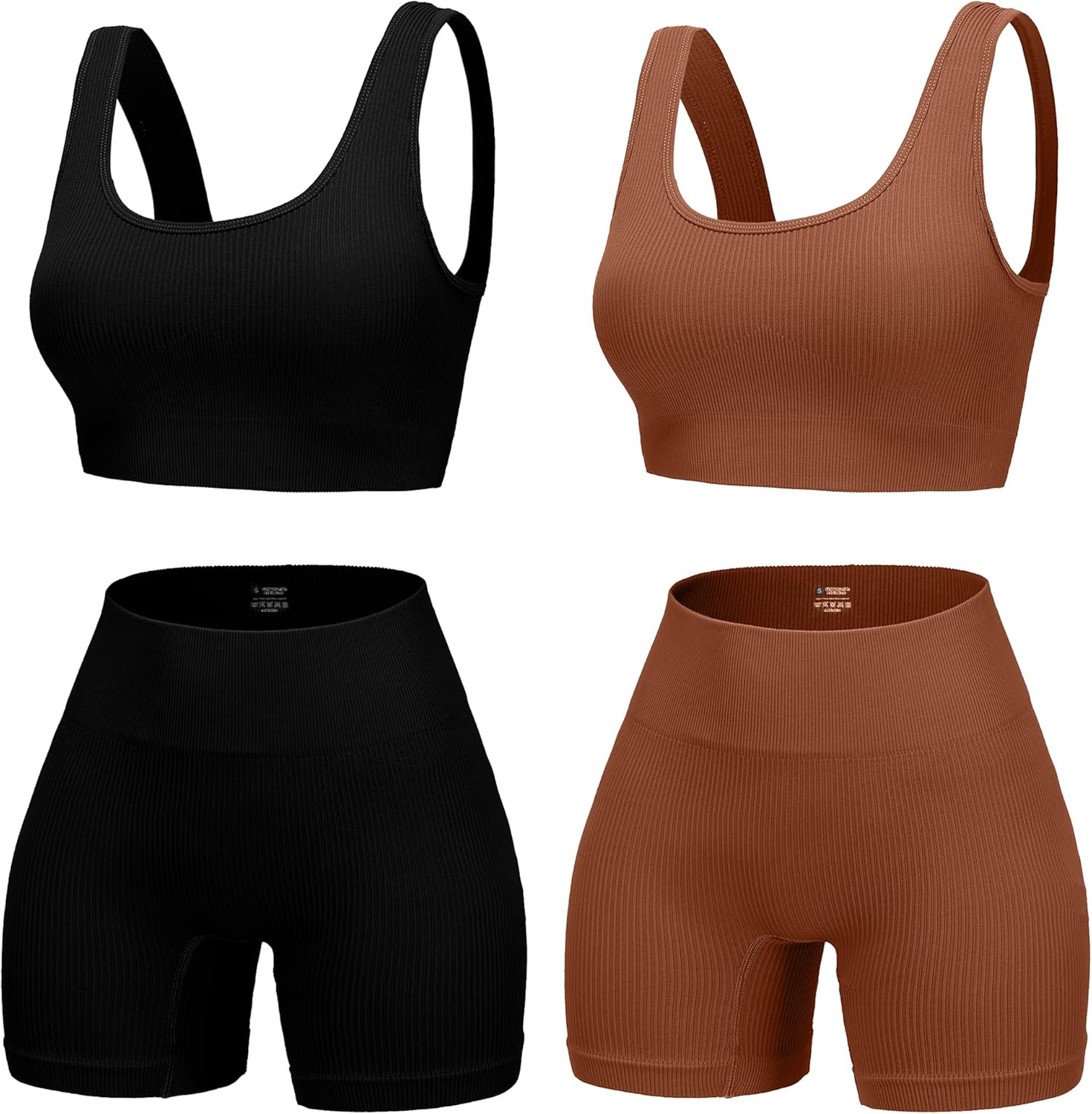 4 Piece Workout Sets for Women Seamless Ribbed High Waist Yoga