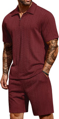 Men's 2 Piece Quarter Zip Polo Shirt and Shorts Set - Casual Summer