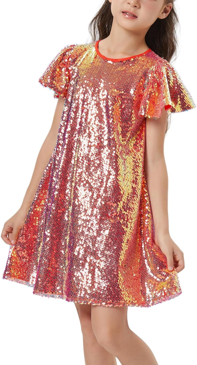 Girls Sequin Dress with Flutter Sleeves for Sparkly Parties