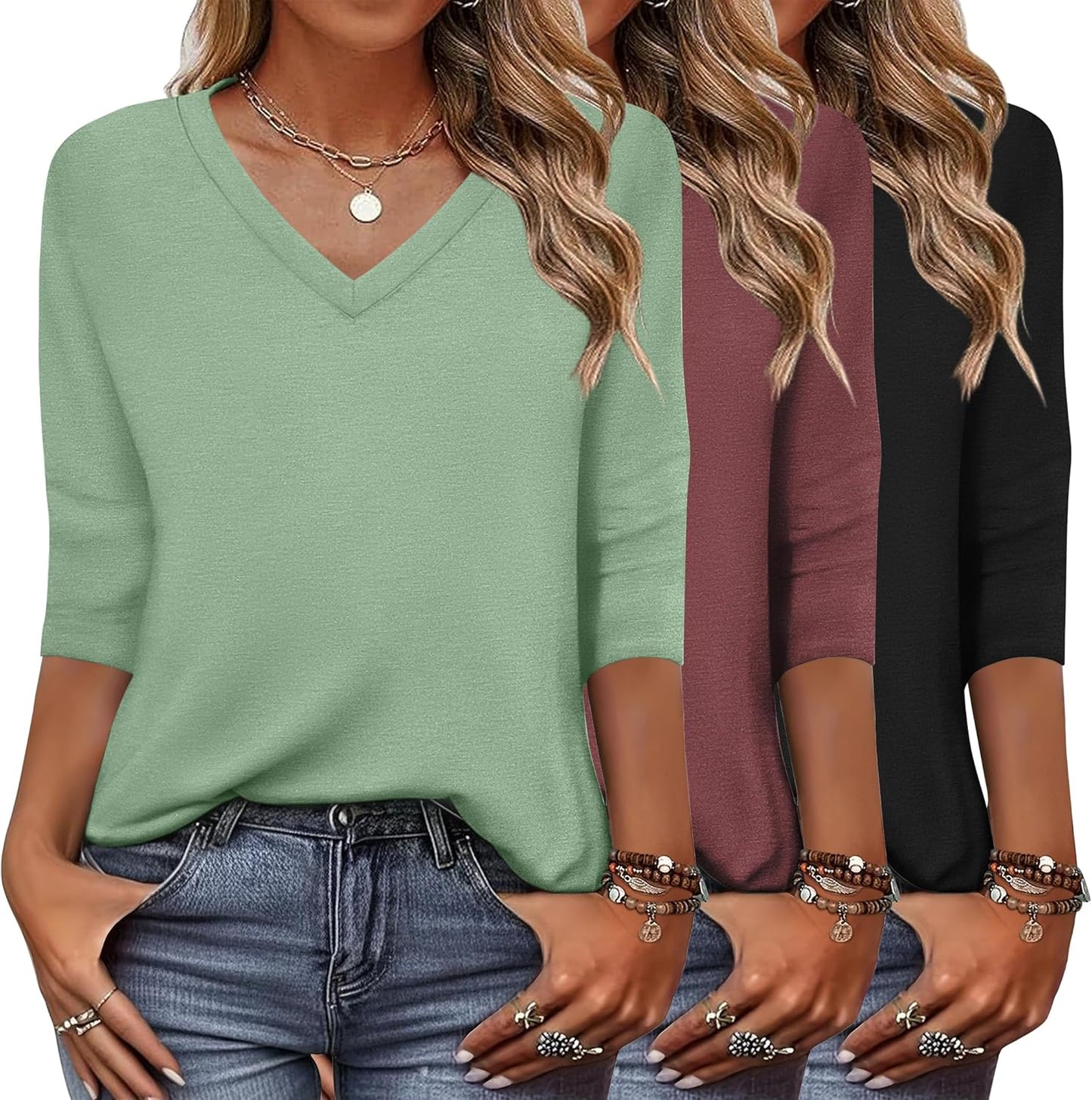 Stylish 3/4 Sleeve V Neck Tees for Women - Casual Comfort