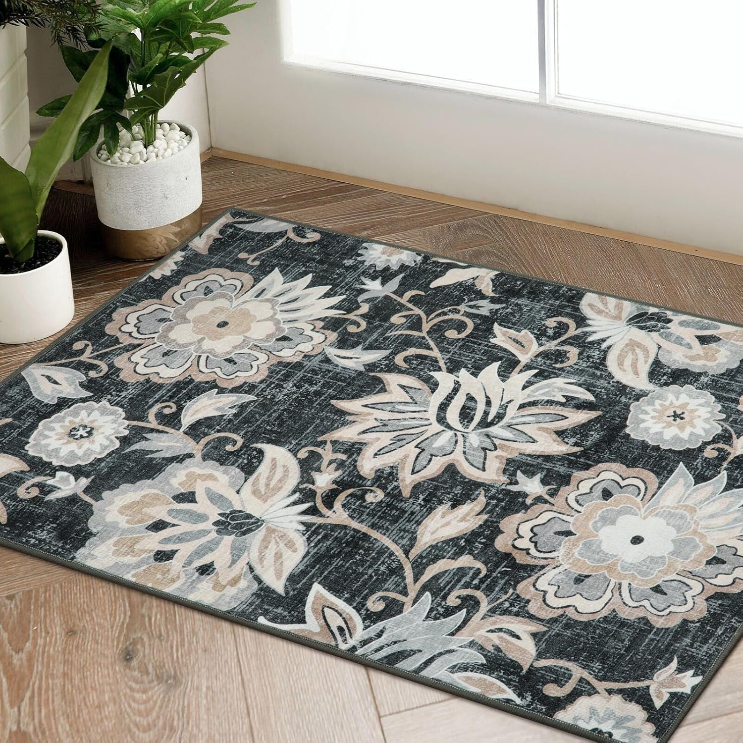 Beeiva Floral Entry Rug 2x3 - Ultra Thin Non Slip Kitchen Mat