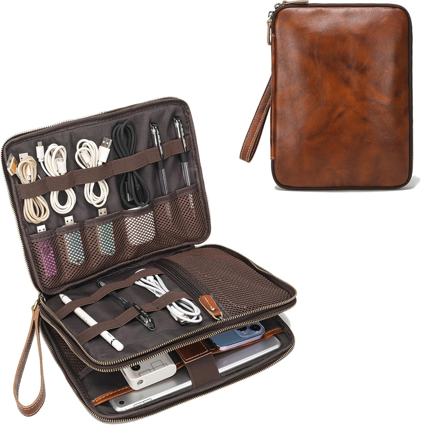 LANNSYNE Full Grain Leather Travel Cable Organizer for Electronics