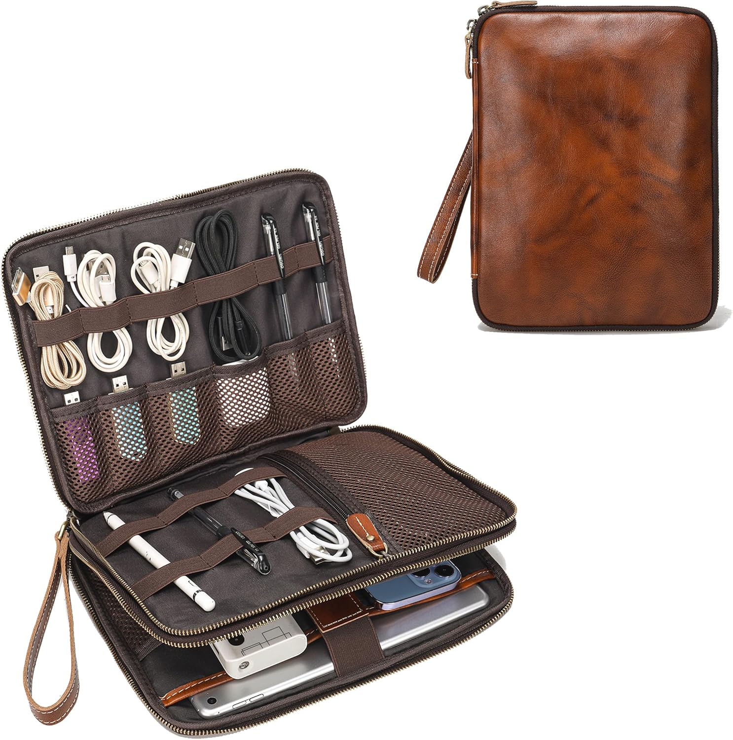 LANNSYNE Full Grain Leather Travel Cable Organizer for Electronics
