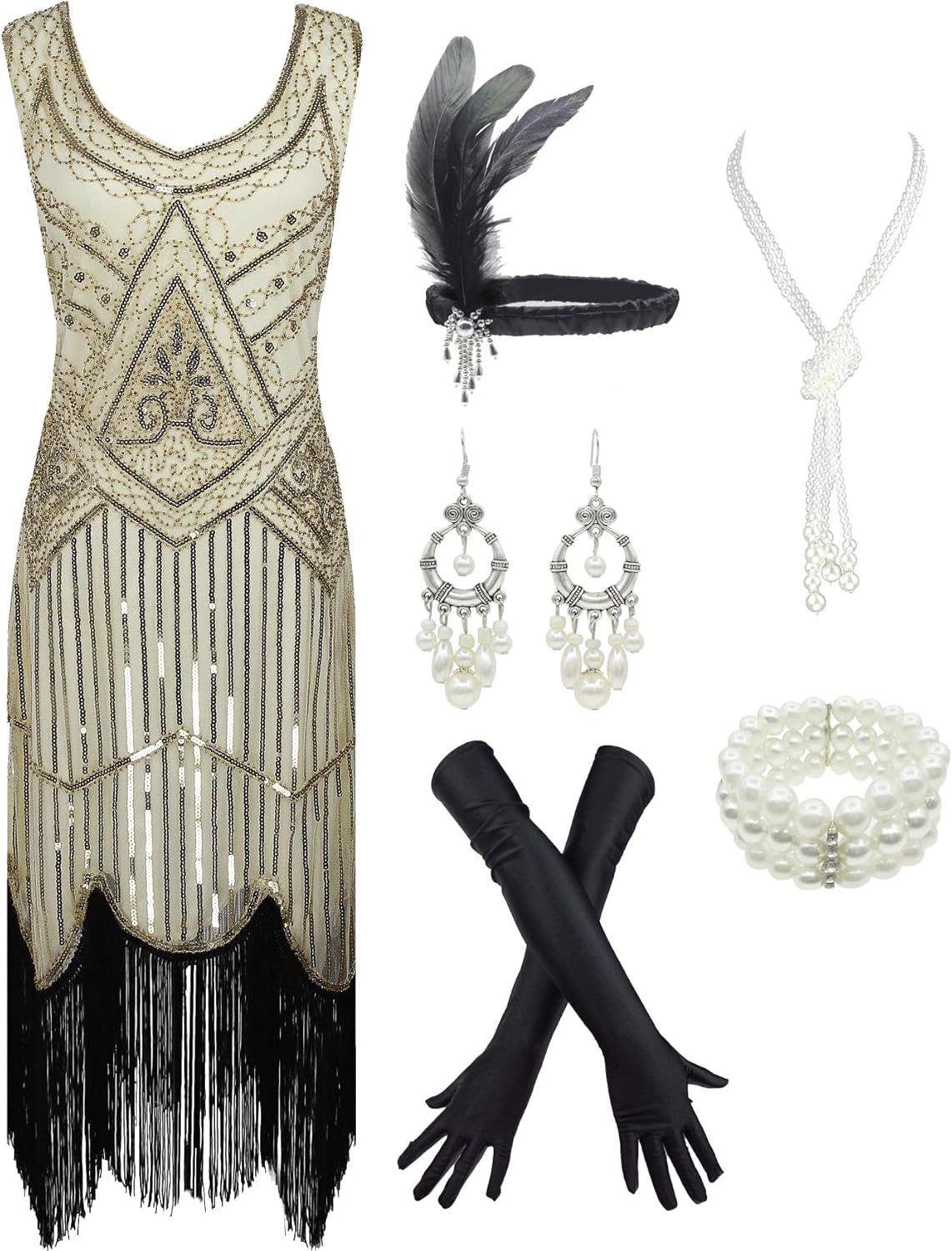 1920s Gatsby Sequin Fringed Flapper Dress with Accessories Set