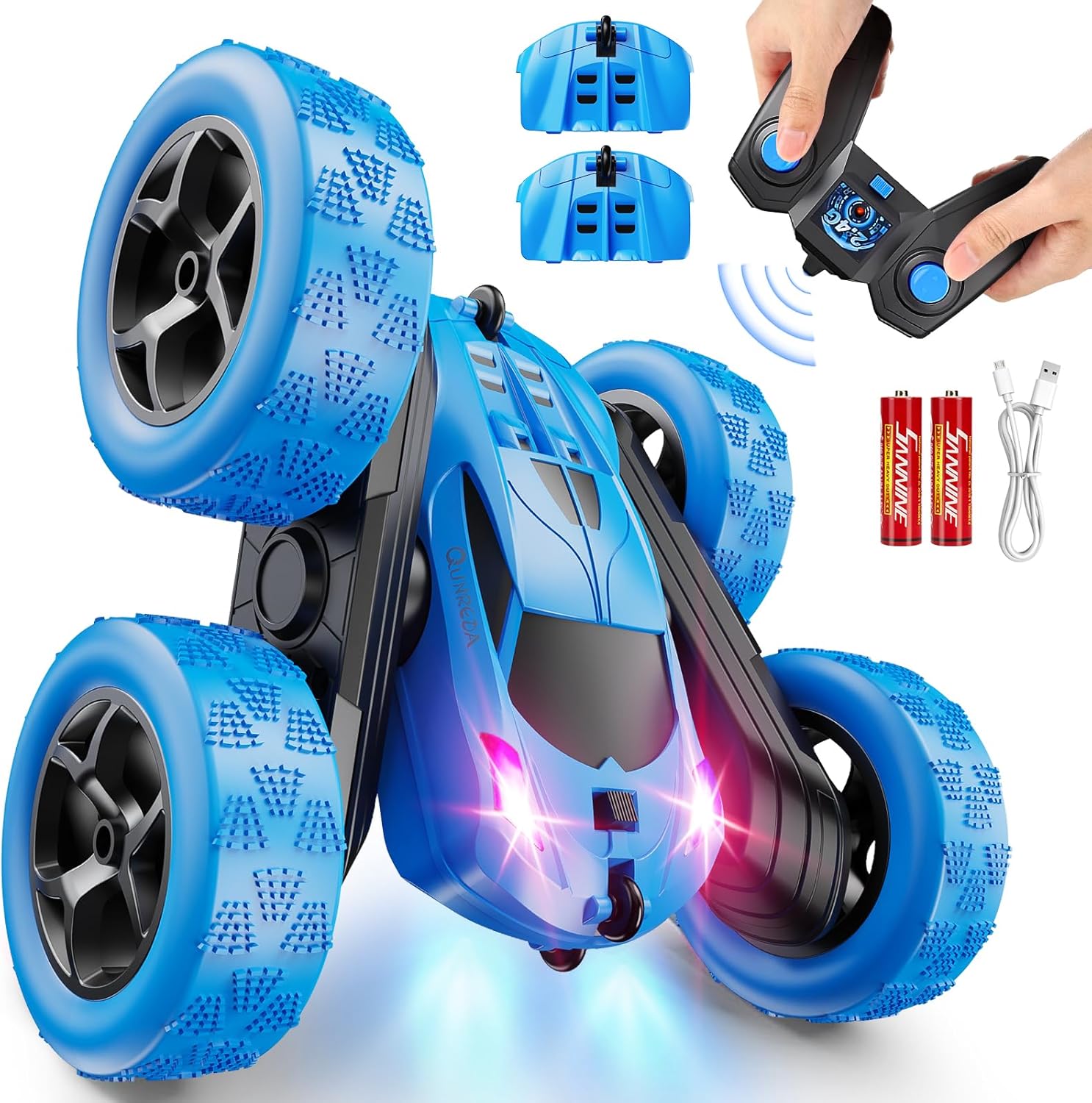 QUNREDA 4WD Stunt RC Car - LED Lights, 360 Flips, USB-C Batteries!