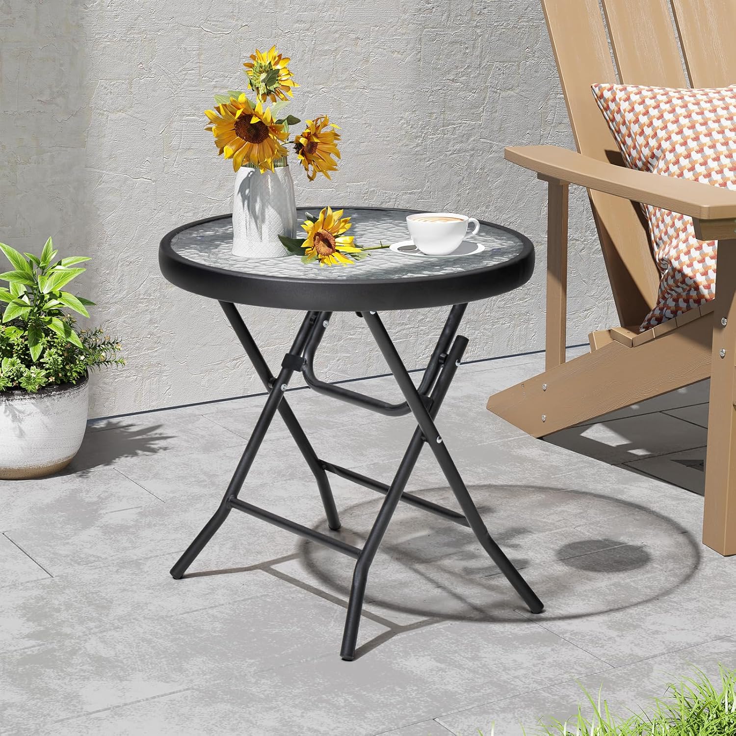 Foldable Side Table with Tempered Glass Top for Outdoor Use