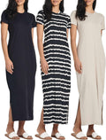 Womens Casual Short Sleeve Maxi T-Shirt Dress with Slit - 3 Pack