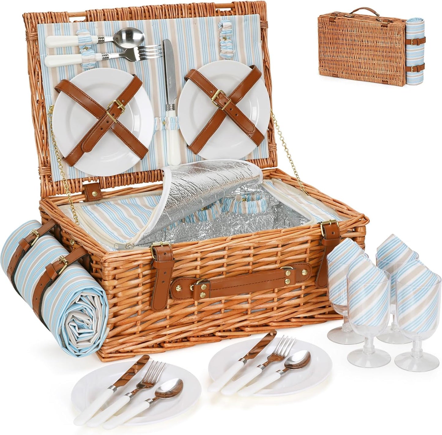 HappyPicnic Wicker Picnic Basket Set for 4 with Cooler