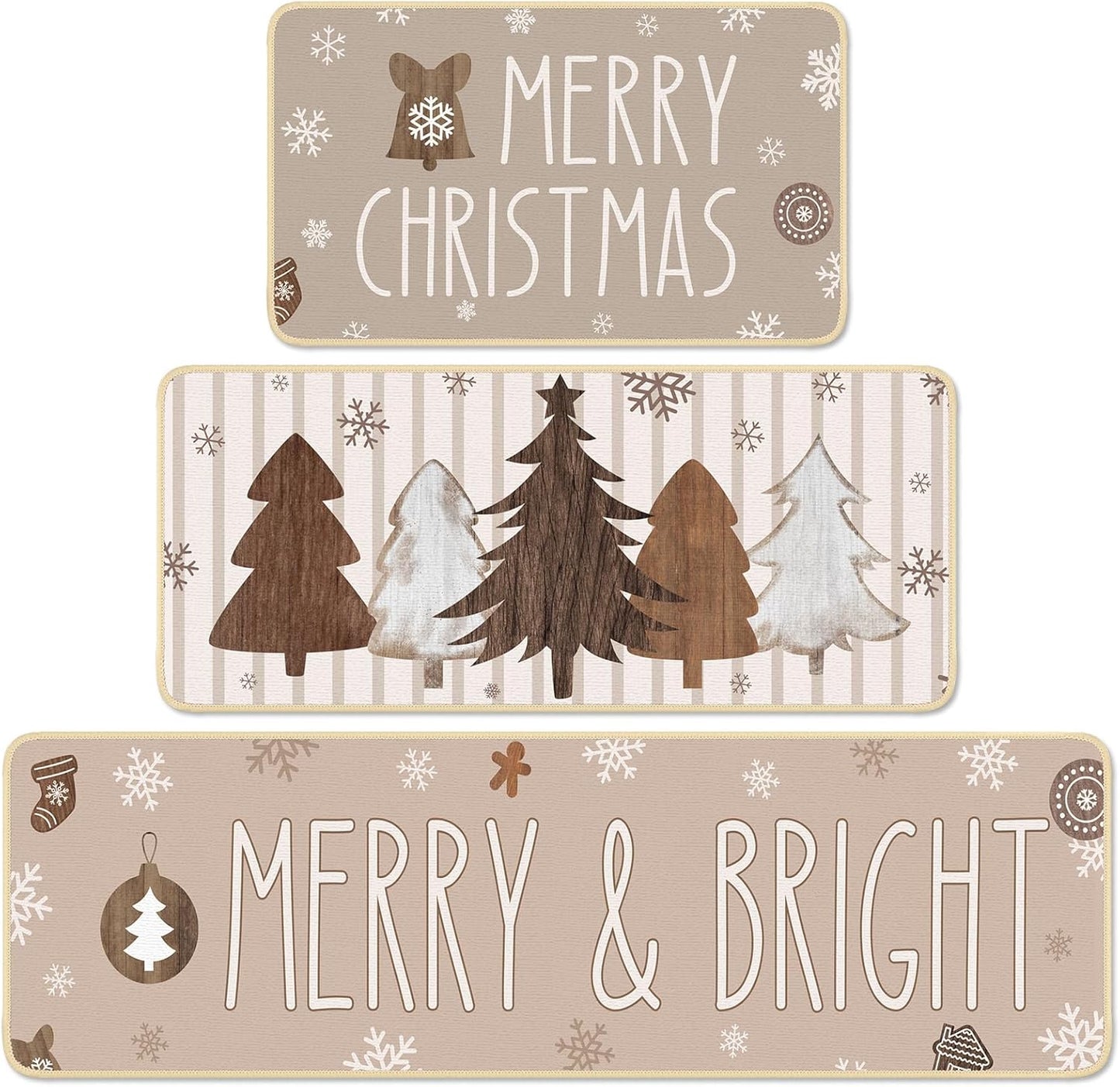 Brown Merry Christmas Kitchen Rugs Set for Festive Decor