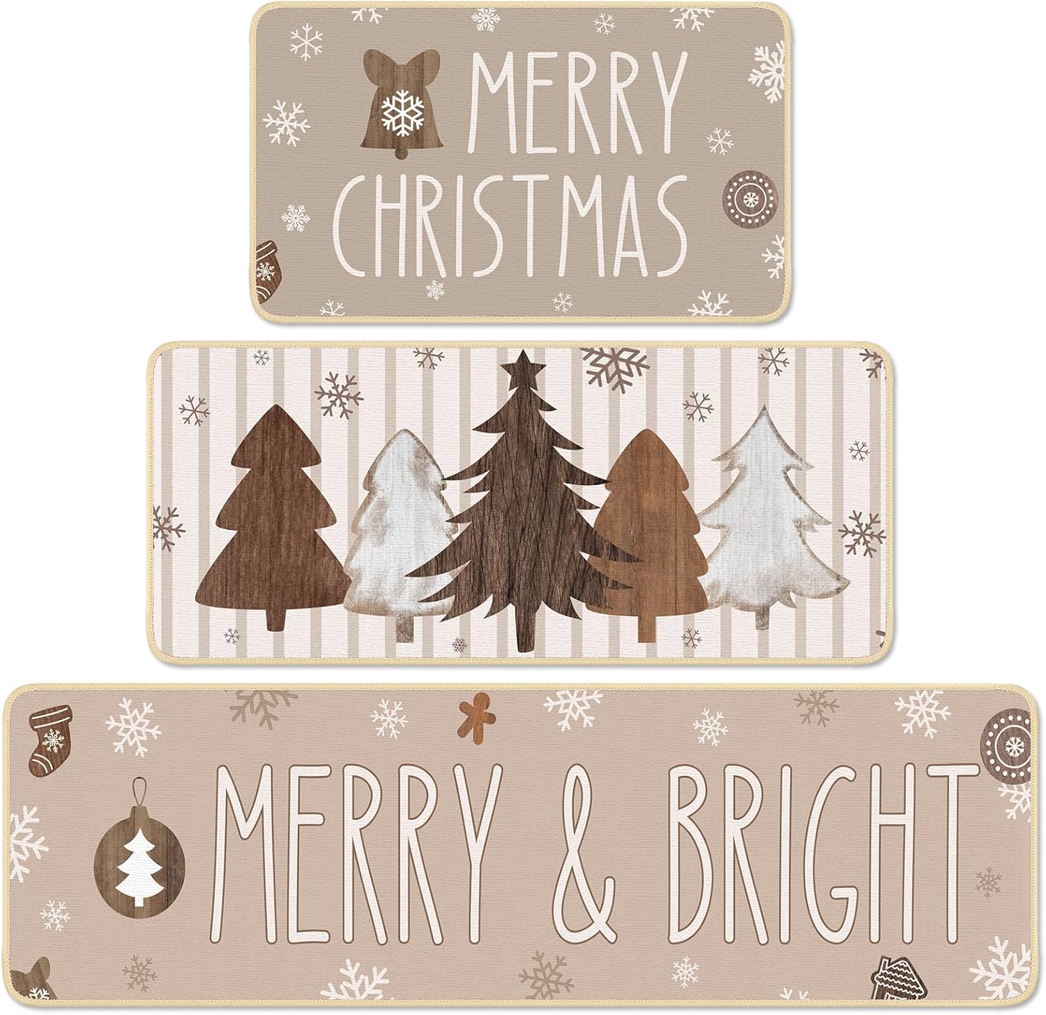 Brown Merry Christmas Kitchen Rugs Set for Festive Decor