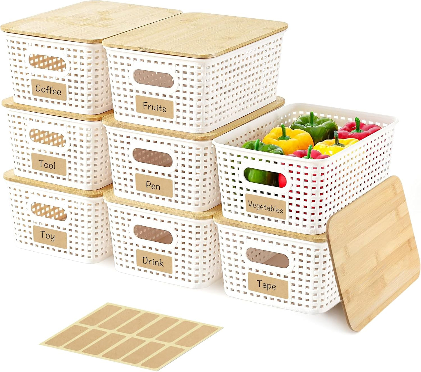 Stackable Plastic Storage Bins with Bamboo Lids for Organizing