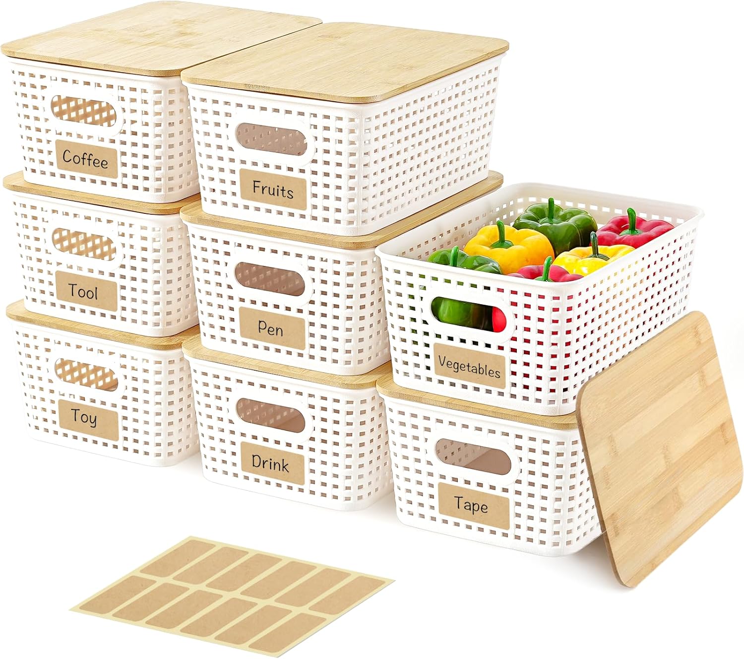 Stackable Plastic Storage Bins with Bamboo Lids for Organizing