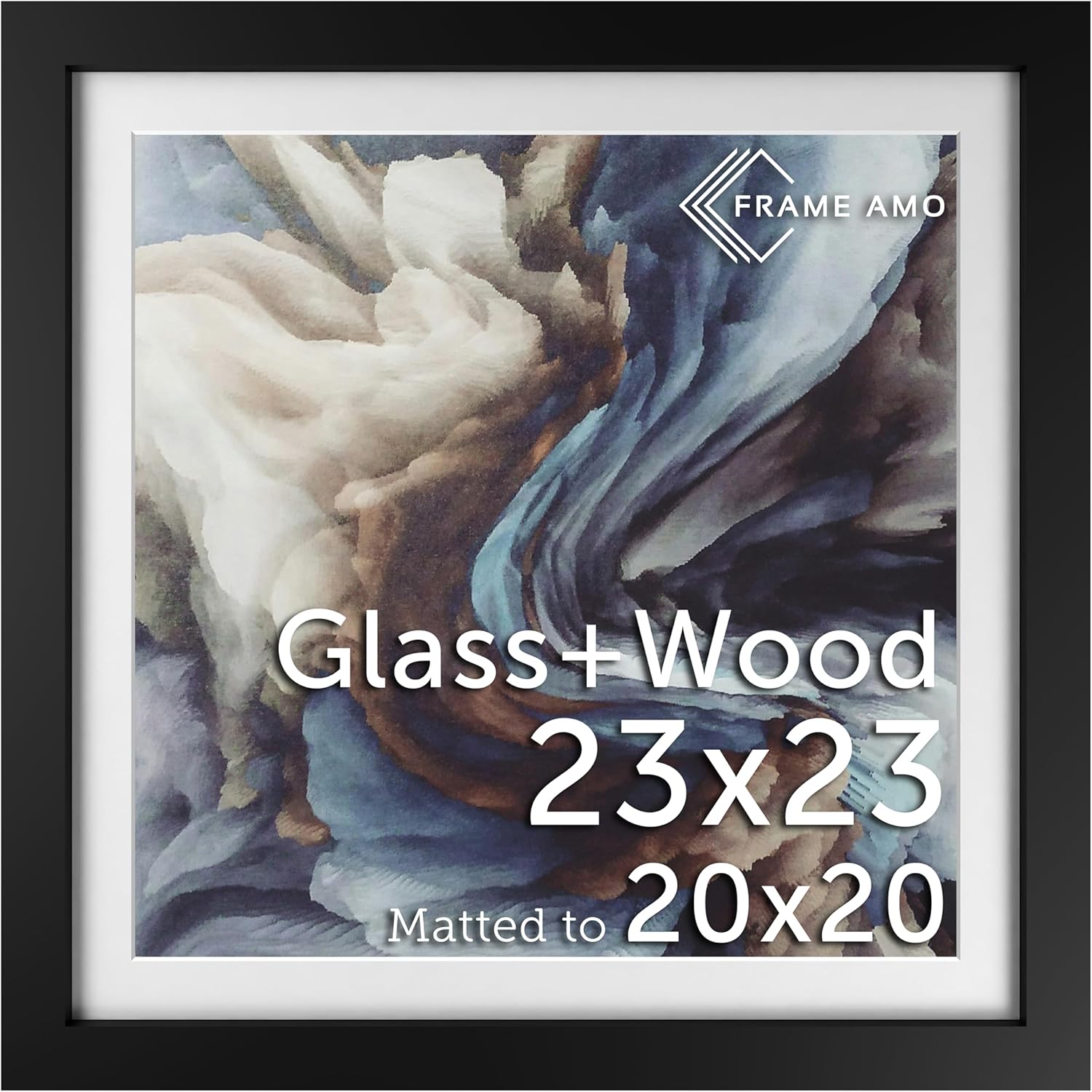 Solid Wood 23x23 Black Poster Frame with White Mat for Art