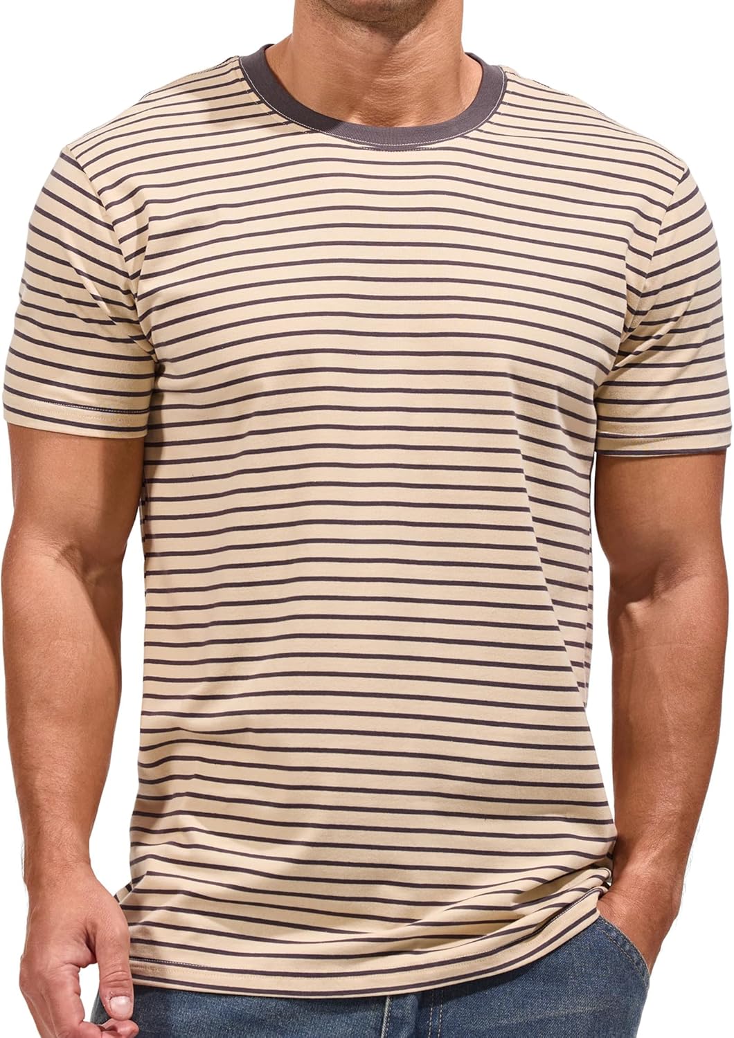 VEIISAR Men's Crewneck Striped T-Shirt for Comfort and Style