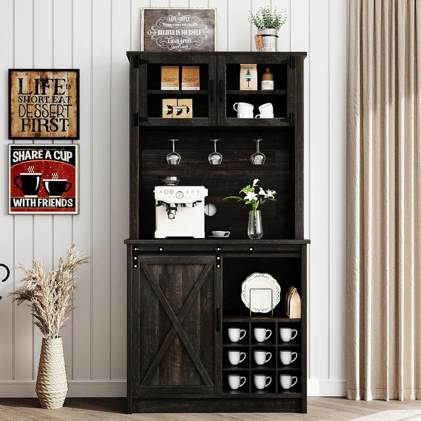 Farmhouse Coffee Bar Cabinet with Sliding Barn Door for Storage