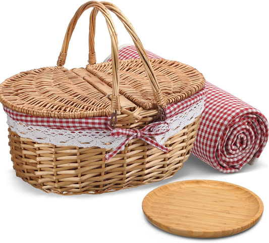 Picnic Basket with Blankets and Bamboo Plates for Outdoor Fun