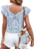 Womens Bow Tie Back Ruffle Short Sleeve Top - Cute Babydoll Tunic at