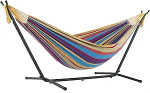 Vivere Double Cotton Hammock with Space Saving Steel Stand