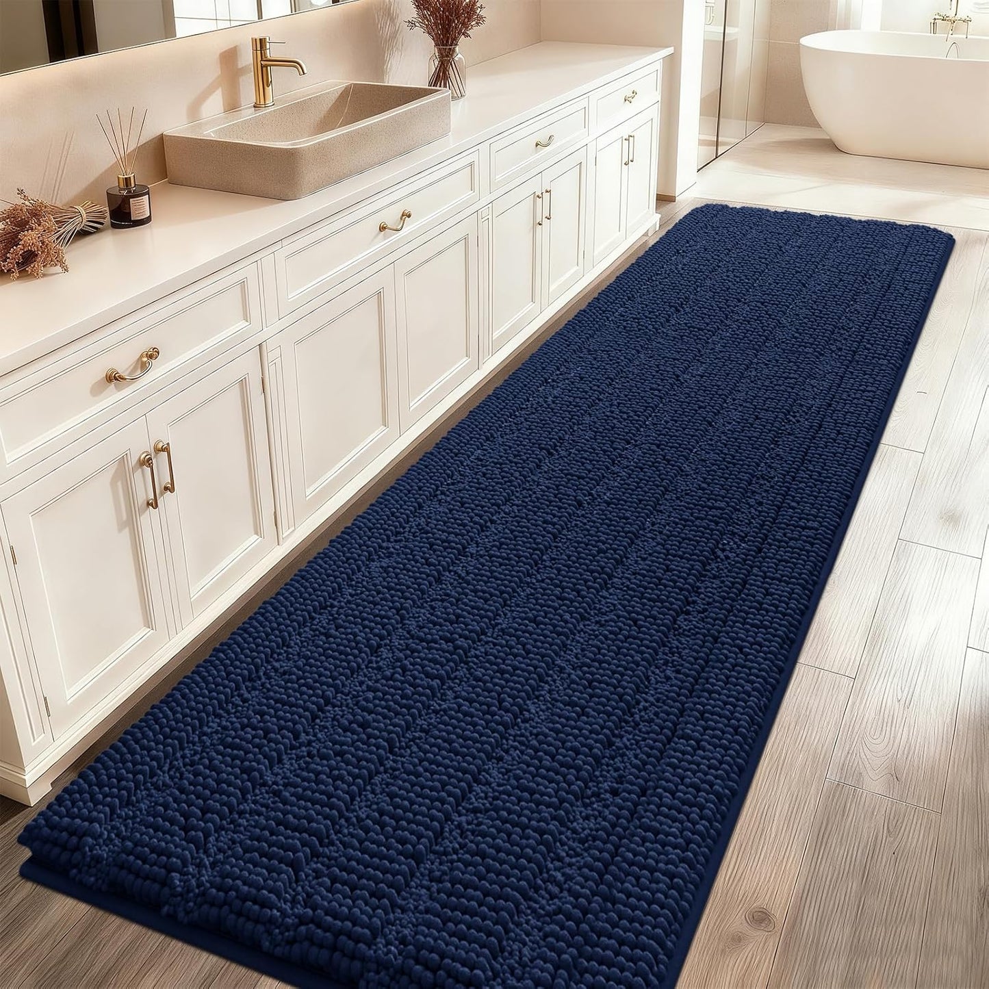 Ultra Soft Striped Navy Blue Bathroom Rug Mat 59x20 for Comfort
