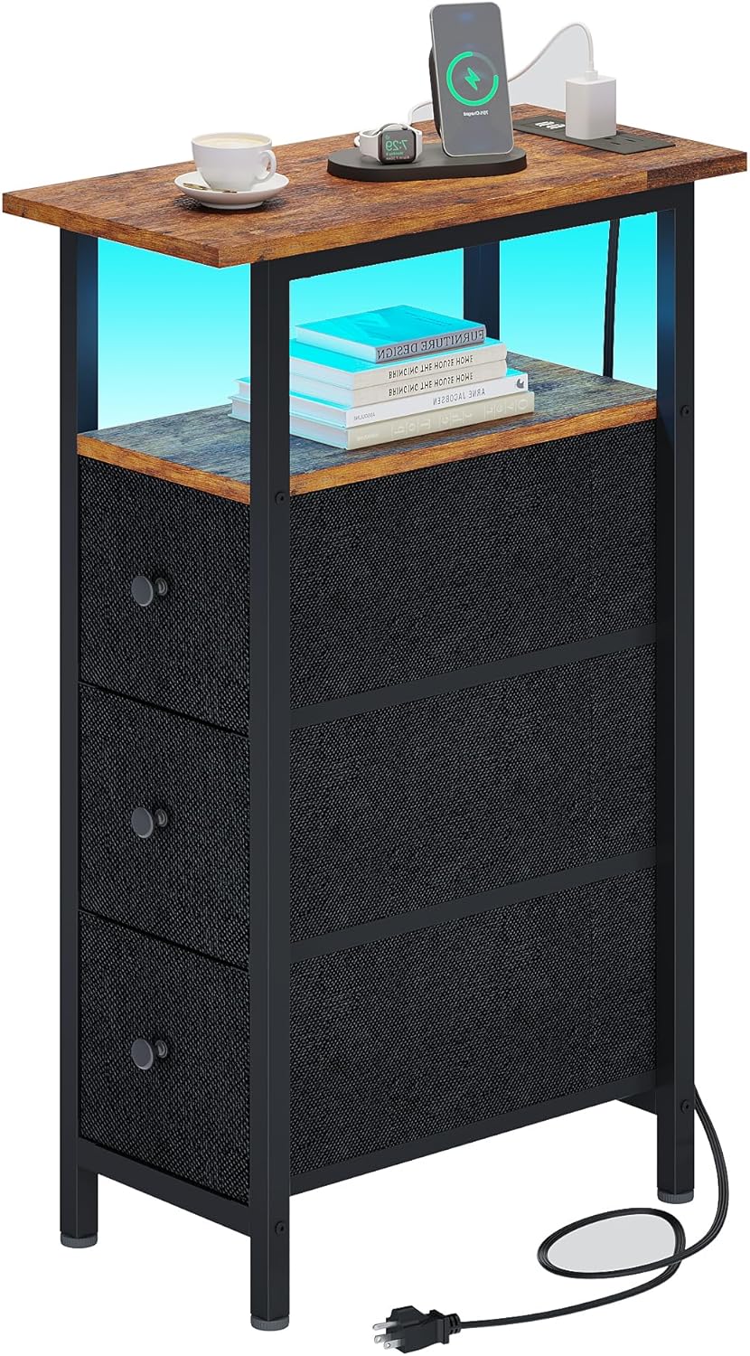 End Table with Charging Station and LED Light for Small Spaces