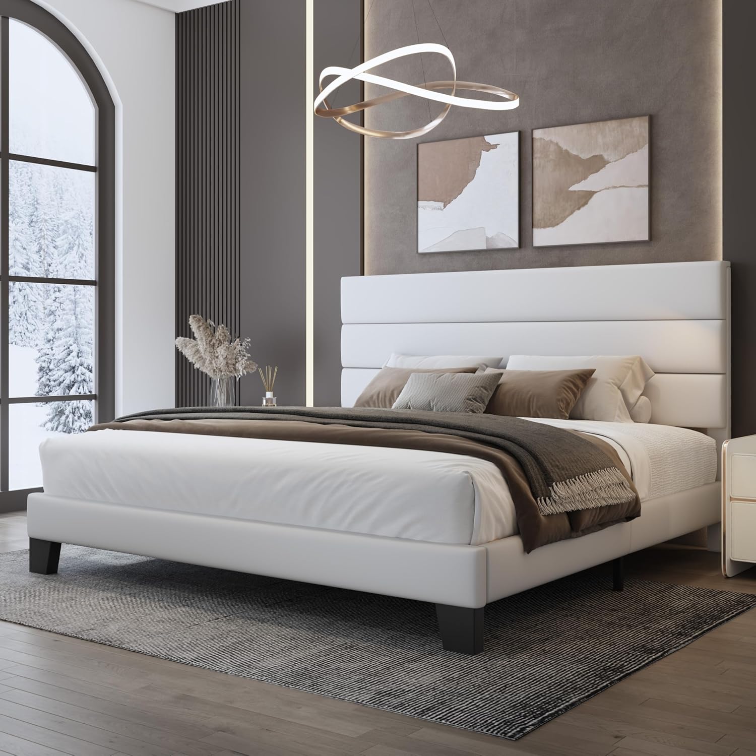 WEEWAY King Bed Frame with Velvet Upholstered Headboard