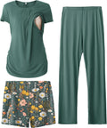 Womens Maternity Nursing Pajamas Set - 3 Piece Short Sleeve PJS