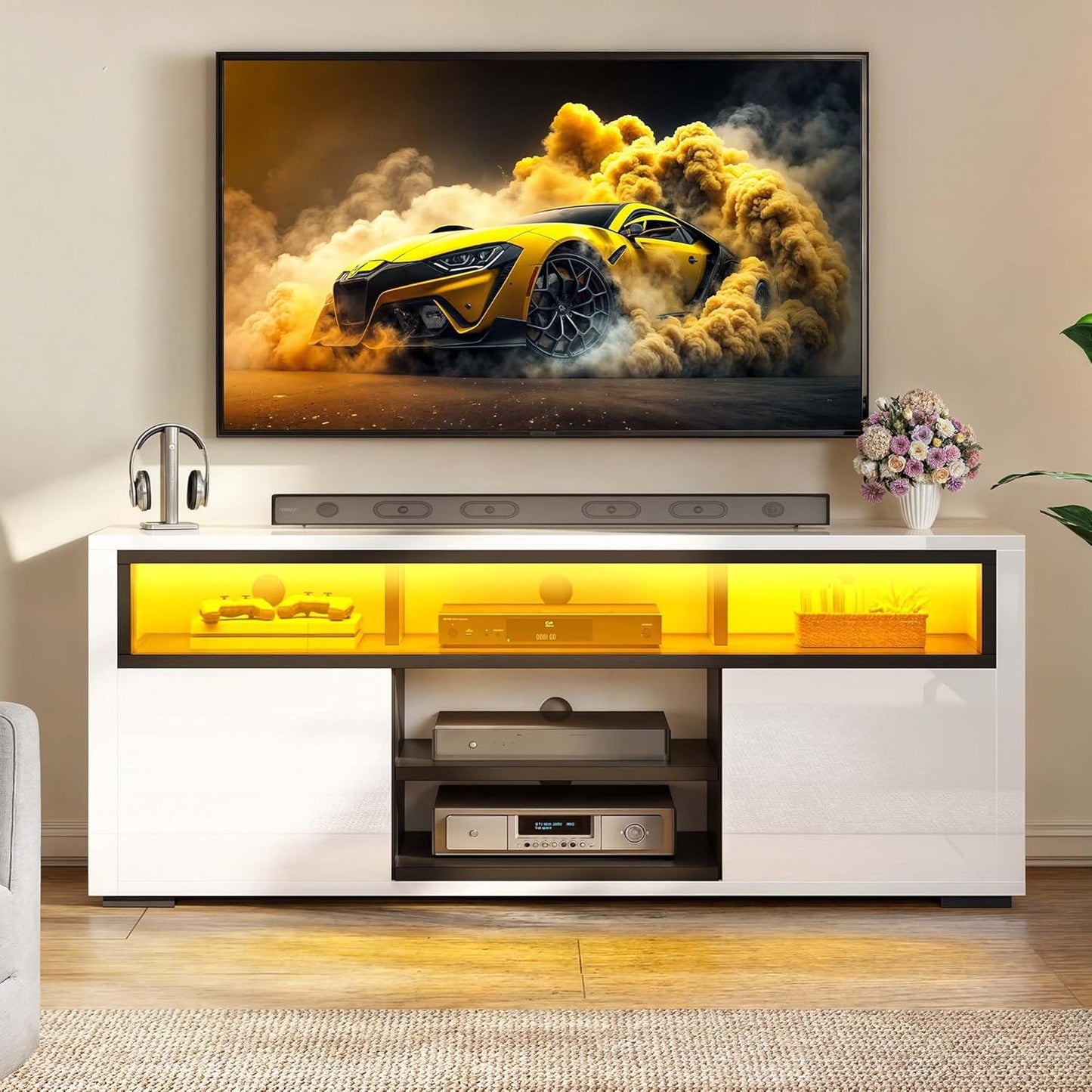 Modern LED TV Stand with Storage - High Glossy Black&White