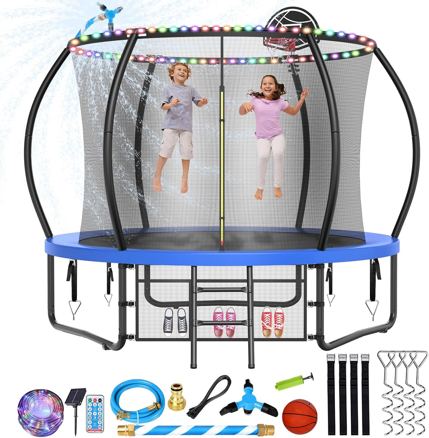 Large Outdoor Trampoline with Basketball Hoop and Lights for Fun