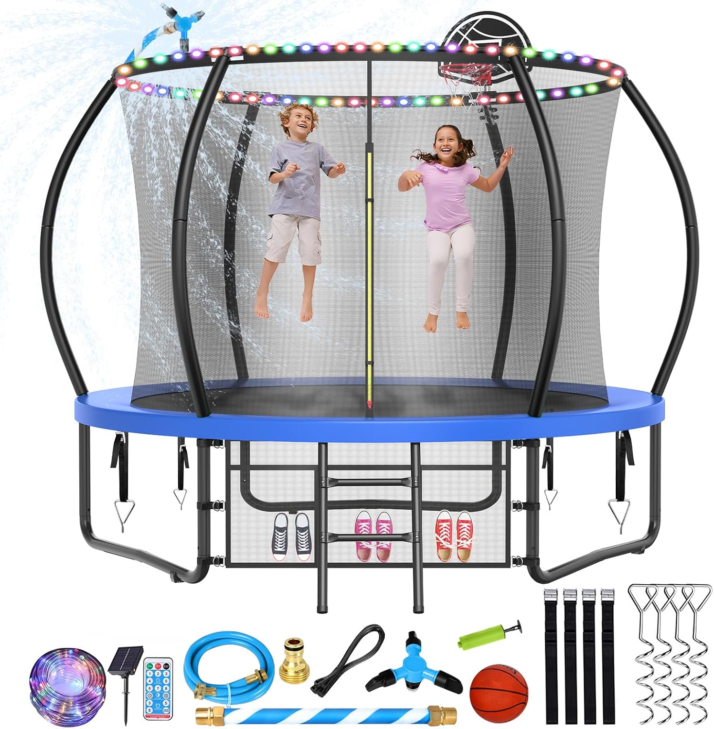 Large Outdoor Trampoline with Basketball Hoop and Lights for Fun