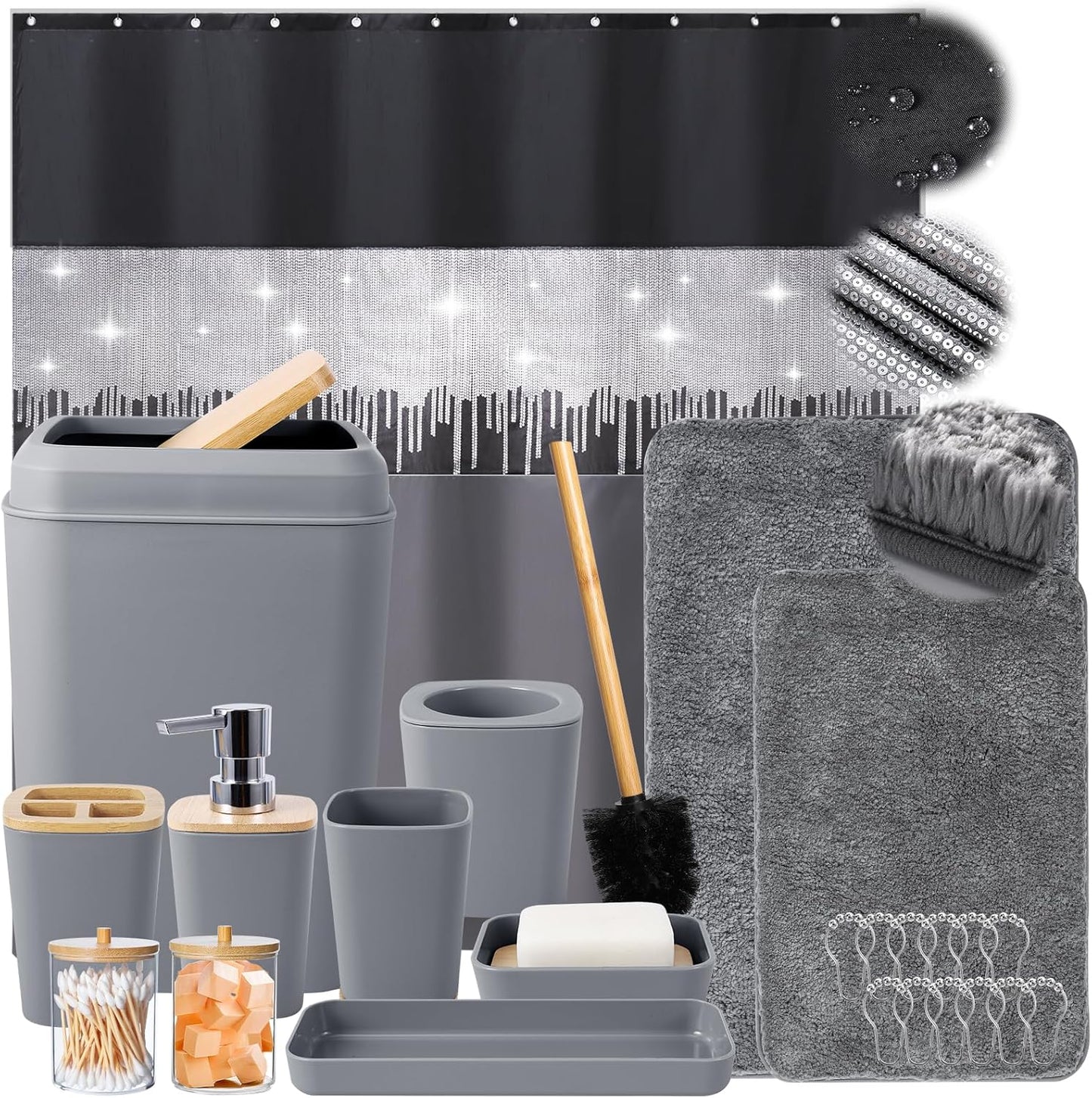 Bathroom Accessories Set with Glitter Shower Curtain and Mats