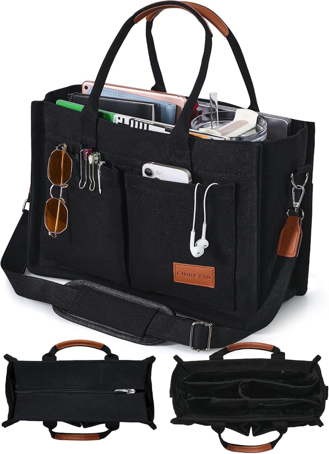 FIORETTO Canvas Tote Bag for Women with Zipper Closure