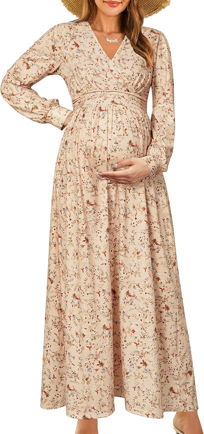 OUGES Fall Maternity Maxi Dress for Baby Shower and Photoshoot