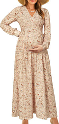 Fall Maternity Maxi Dress Wrap V Neck - Comfortable Nursing Fit OUGES