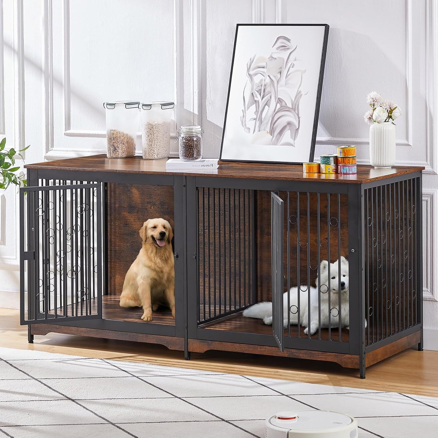 71 Dog Crate Furniture for 2 Large Medium Dogs, XXL Wooden Indoor